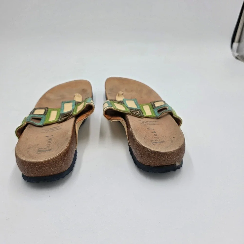 Think! Women's Cork Footbed Thong Sandals Multicolor Geometric Leather Straps